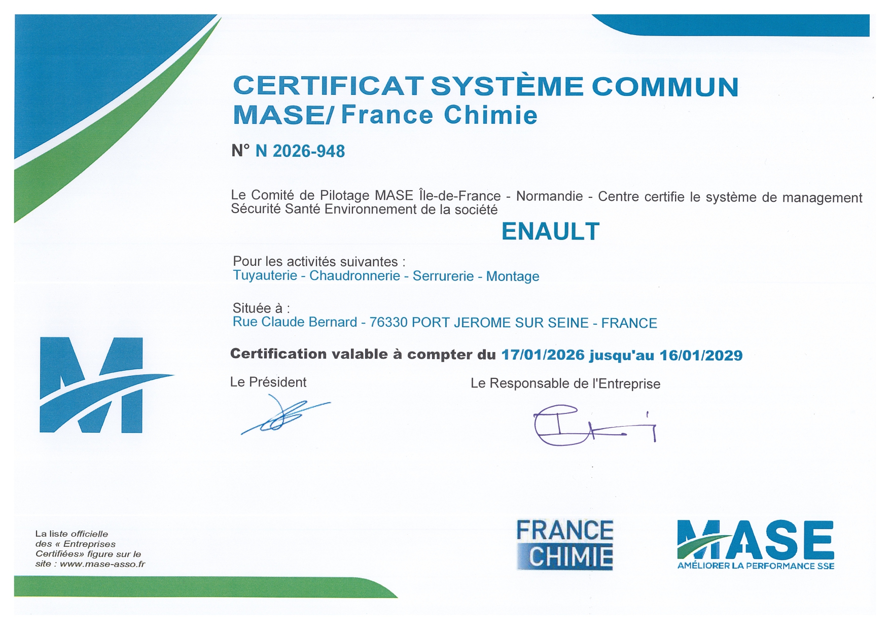 CERTIFICAT MASE ENAULT 2026-2029 CERTIFICAT MASE ENAULT 2026-2029